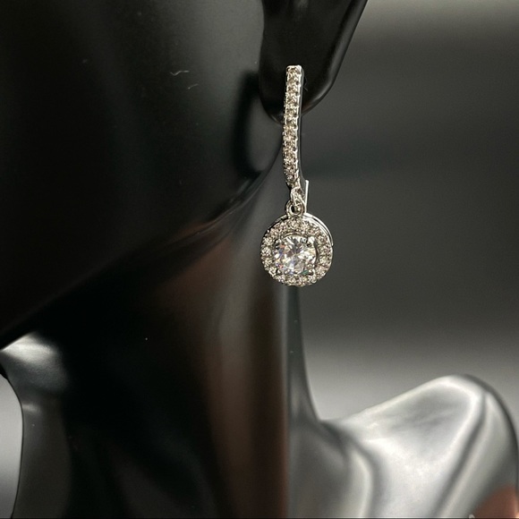 925 Sterling Silver‎ Diamond Halo Dangle Earrings - Picture 2 of 12